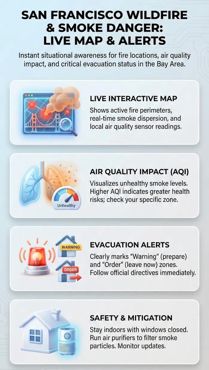 Infographic of Are You in the Danger Zone? Current Live Forest Wildfire and Smoke Map Today in San Francisco, CA | Evacuation Alerts