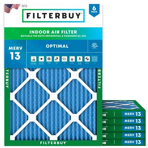 An image of Filterbuy 14x20x1 MERV 13 air filter designed to capture fine particles and improve furnace and HVAC performance at home