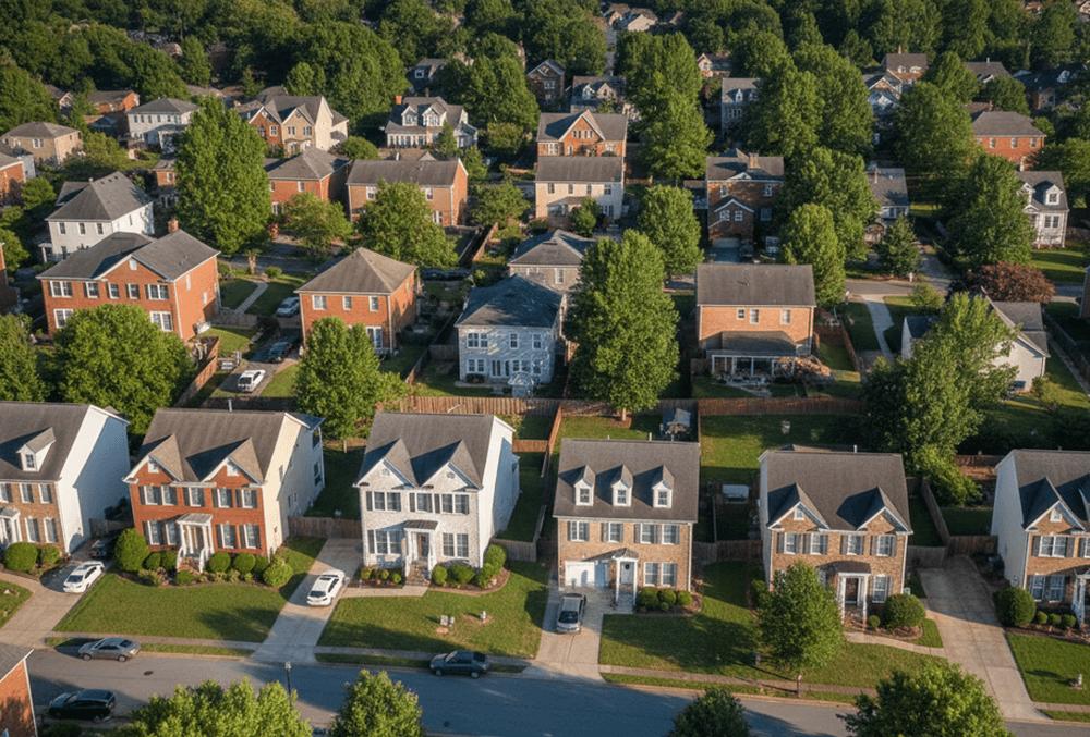 An image of a sunlit suburban neighborhood in Raleigh, North Carolina with professional aerial views of brick homes and green trees.