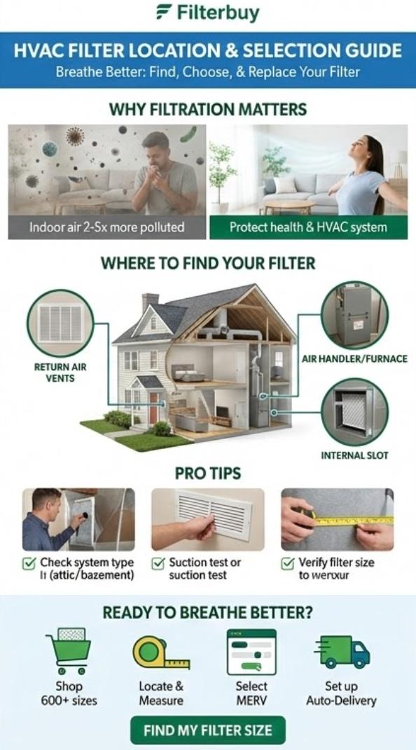 Infographic showing HVAC Filter location and selection guide that could help homeowners identify their air filter slot and replace them easily.