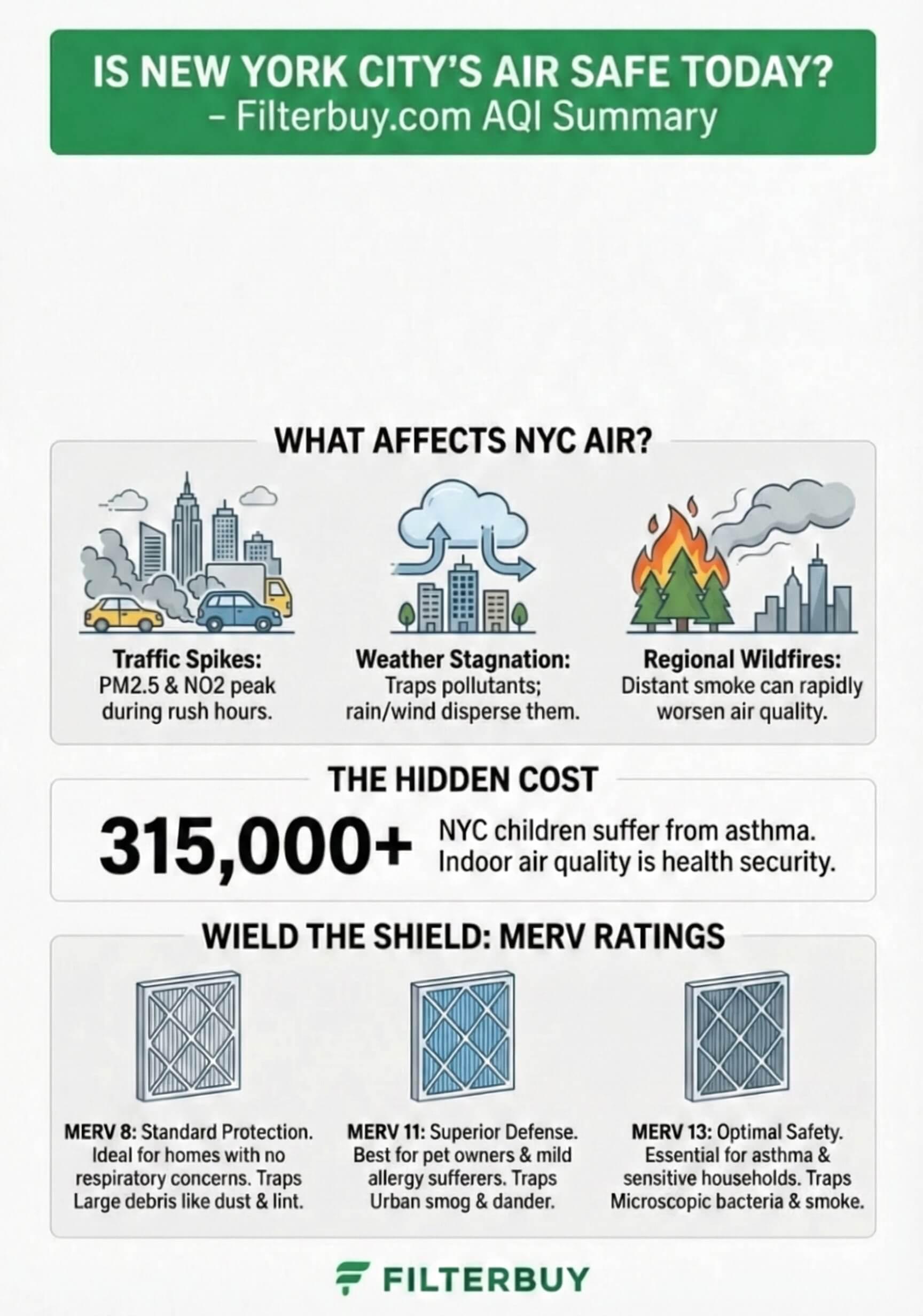 An infographic image about air quality index in New York City, NY. 