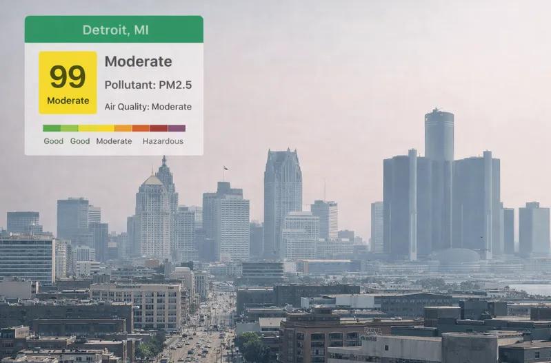 image showing Detroit, Michigan skyline with live Air Quality Index (AQI) map overlay showing current pollution levels and real-time air quality conditions today