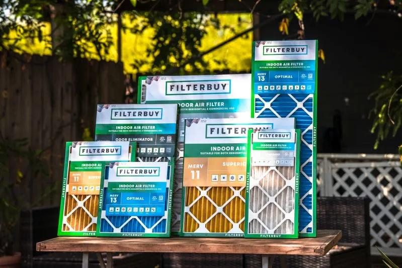 View of a Filterbuy indoor air filters displayed outdoors, showcasing 19.25x23.25x1 HVAC and furnace filter options for residential and commercial use