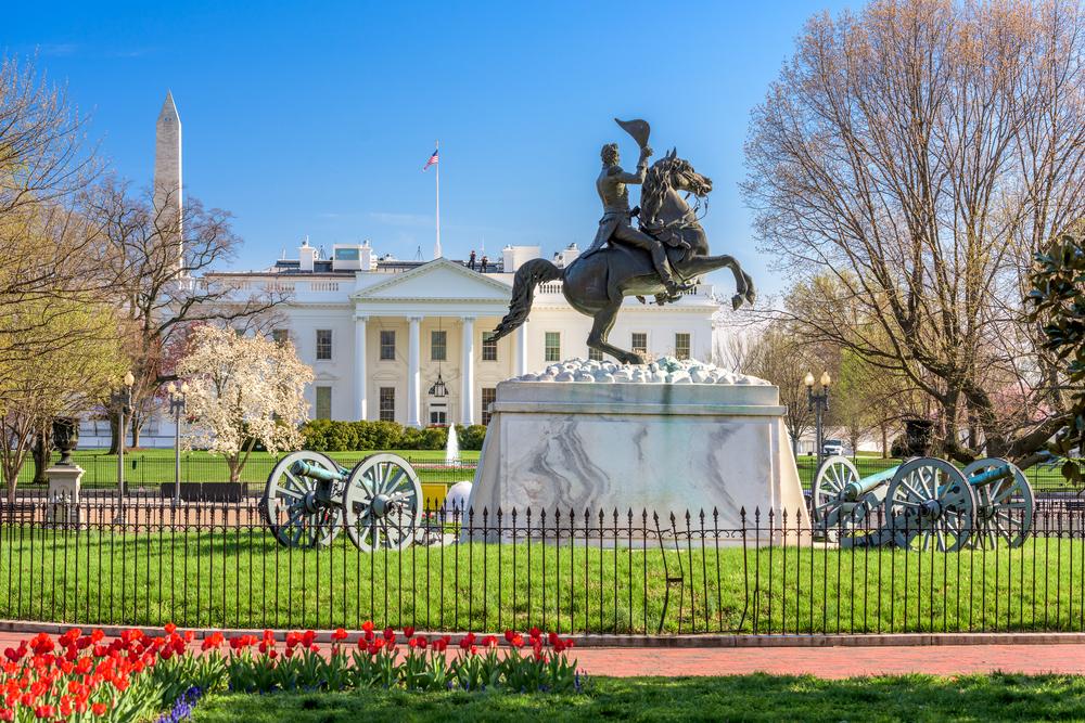 View of the White House with Andrew Jackson equestrian statue in Lafayette Square surrounded by cannons and blooming trees.