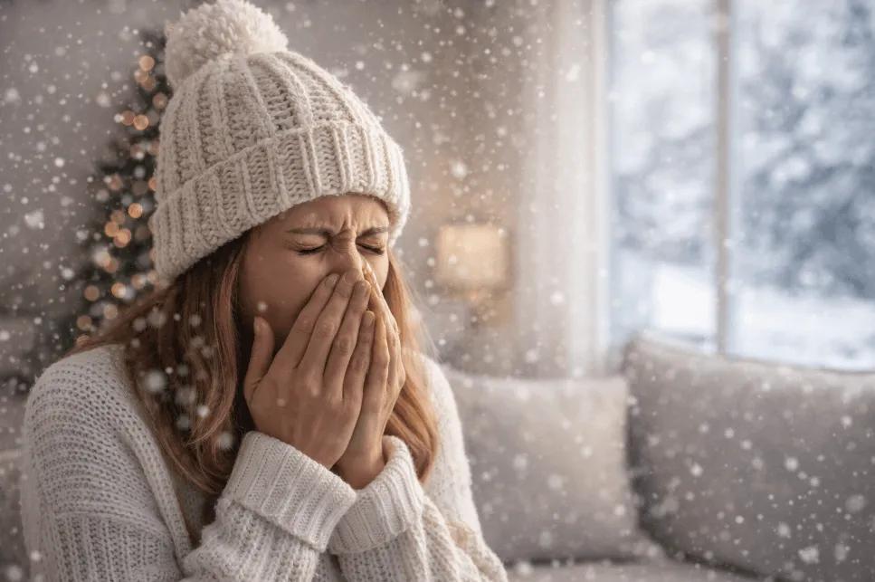 Winter indoor air quality tips showing woman sneezing indoors with dry air and dust during cold weather, highlighting clean air solutions for healthier home comfort