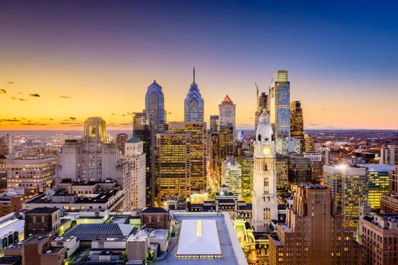 View of Philadelphia skyline at sunset showing the city’s high readiness for remote work.