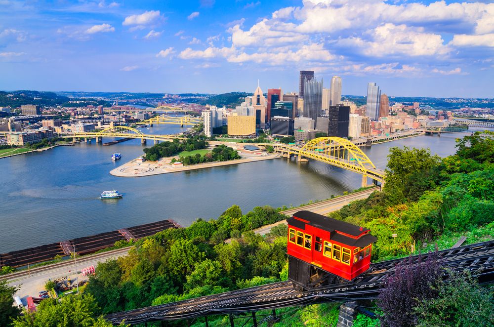 Pittsburgh, Pennsylvania skyline with yellow bridges and the Duquesne Incline in the foreground.