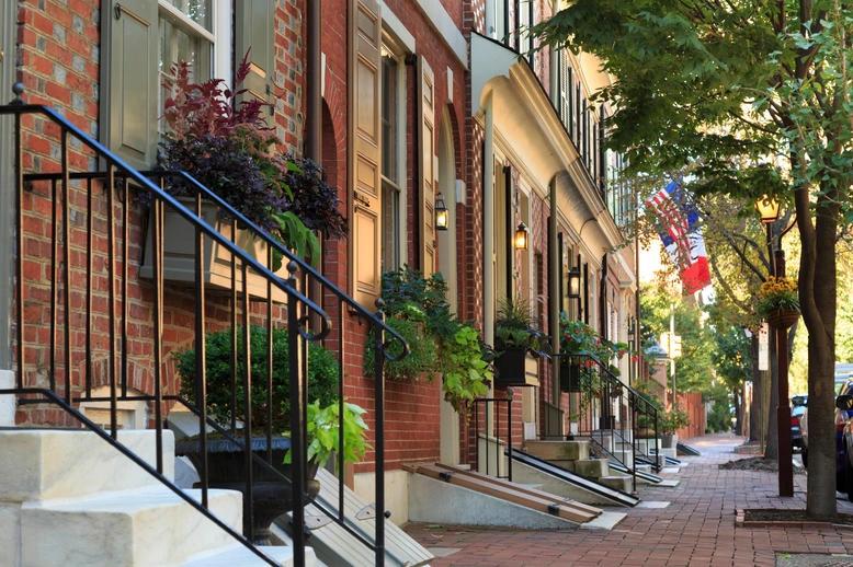 Rowhomes in Philadelphia, where residents often pay high heating and cooling utility bills year-round.