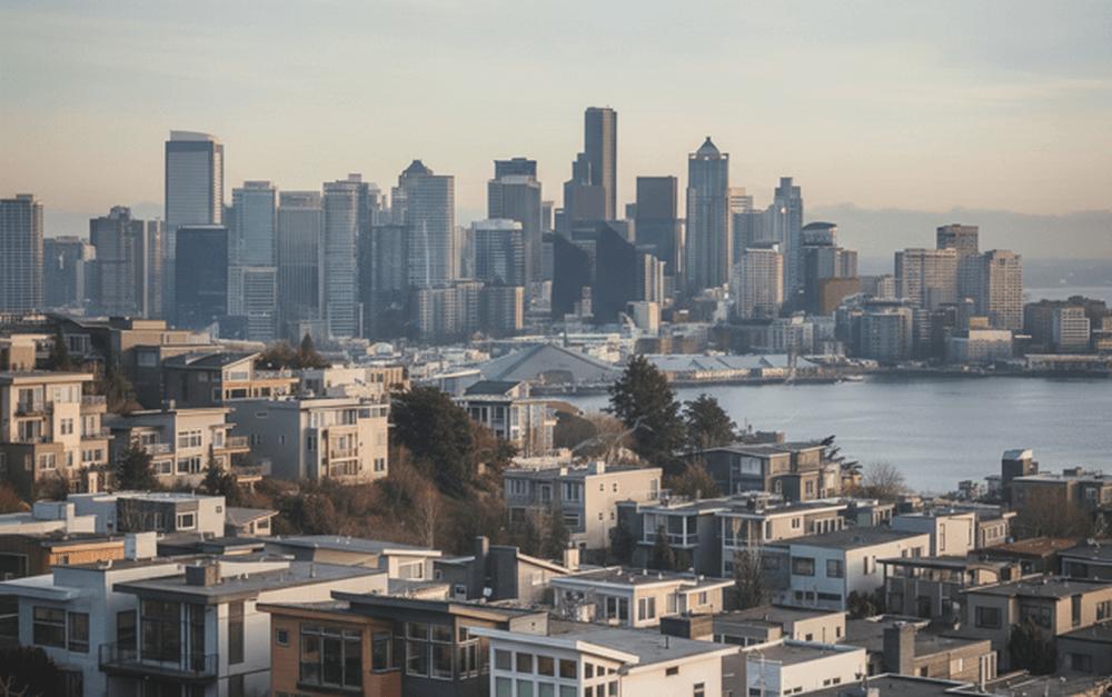 An image of Seattle Washington homes overlooking the downtown skyline and Elliott Bay.