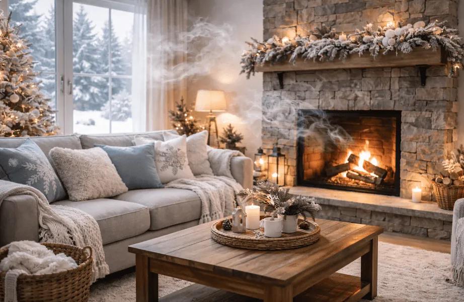 A view of a Cozy winter living room with fireplace and visible smoke in the air, highlighting indoor HVAC airflow, carbon monoxide, and smoke safety concerns for home protection