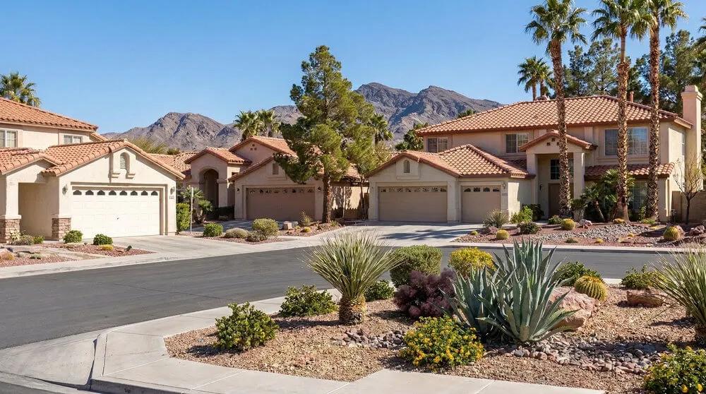 An image of a peaceful, sunlit residential street in Henderson, Nevada.
