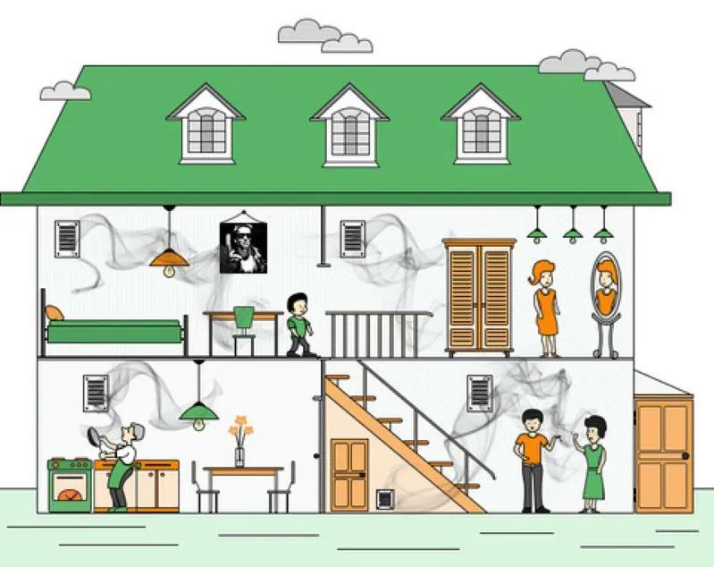 View of a family's home full of lingering smoke from cigarettes that affects the breathable indoor air quality.