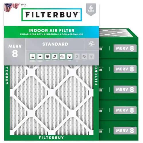 Top-rated Filterbuy 16x22x4 furnace and HVAC air filter with MERV 8 rating, shown with pleated design and stacked packaging, made in the USA to improve airflow and reduce everyday household dust and allergens.
